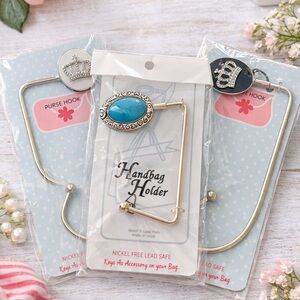 Set of 3 Handbag Holders / Purse Hooks: Crown & Turquoise Design, New in Package